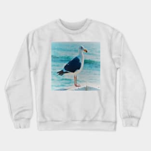 Solitary SeaGull looking into the Blue Pacific Ocean Coast Crewneck Sweatshirt